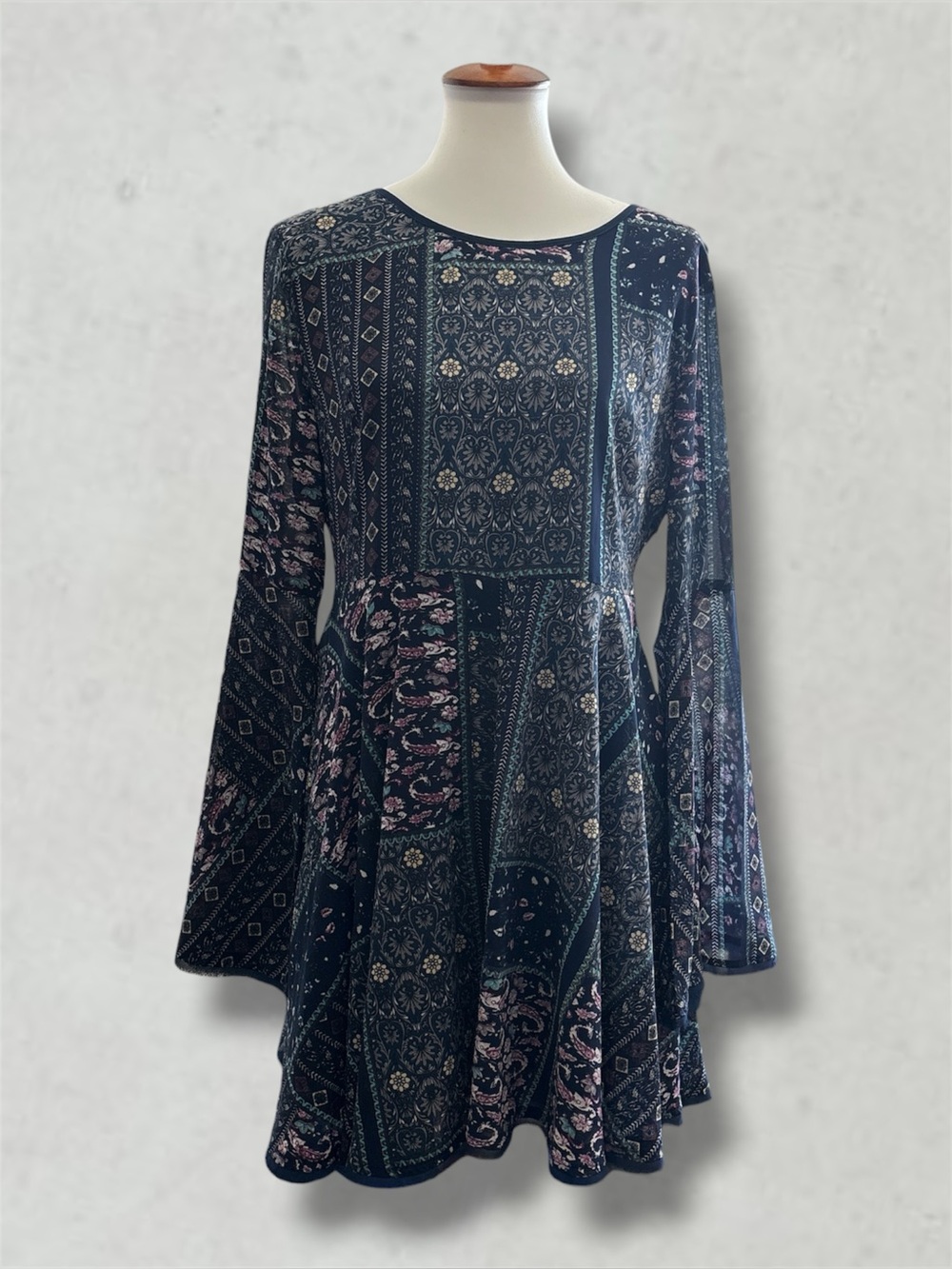 Loveriche Navy Boho Patchwork Bell Sleeve Mini Dress L